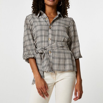 RIVER ISLAND Beige check print waisted belted shirt - flipped