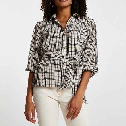 RIVER ISLAND Beige check print waisted belted shirt