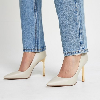 River Island Beige gold heel court shoes – high heels – neutral point toe courts - flipped