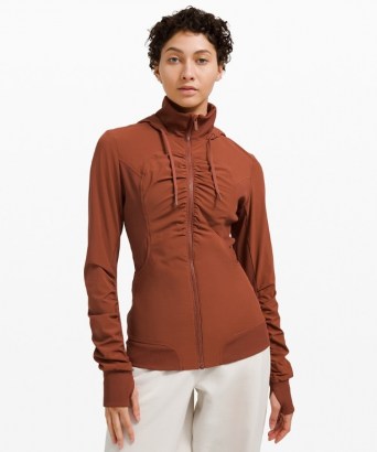 lululemon Beyond the Studio Jacket in dark terracotta ~ brown hooded ruched front sports jackets - flipped