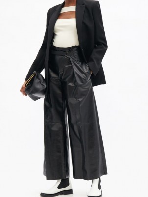 JIL SANDER Belted high-rise leather wide-leg trousers – black front buckled pleated pants - flipped