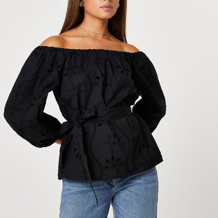RIVER ISLAND Black broderie bardot top / off the shoulder tie waist tops / floral cut out - flipped