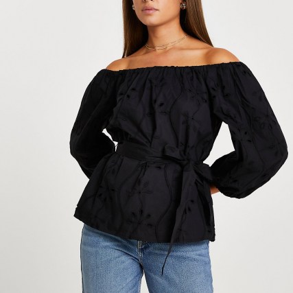 RIVER ISLAND Black broderie bardot top / off the shoulder tie waist tops / floral cut out