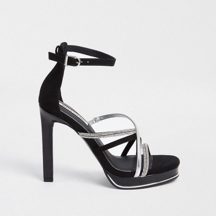 RIVER ISLAND Black embellished strappy platform heels / glamorous ankle strap platforms