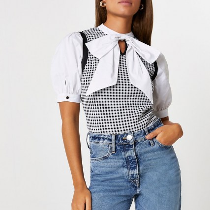River Island Black gingham bow tie knit top - flipped