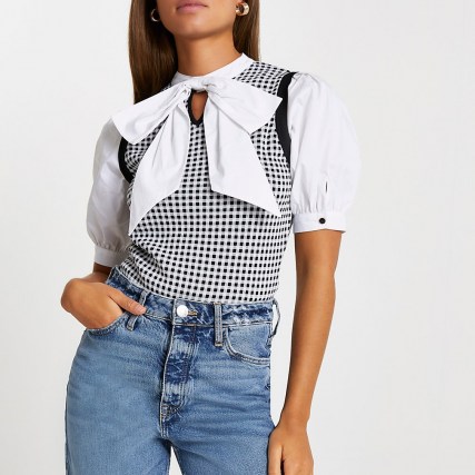 River Island Black gingham bow tie knit top