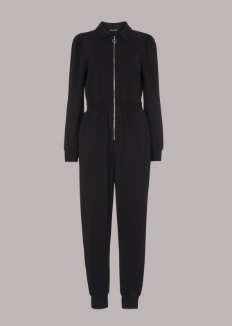 WHISTLES JERSEY ZIP FRONT JUMPSUIT / black sustainable cotton jumpsuits - flipped