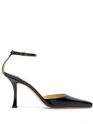 JIMMY CHOO Mair 90 point-toe patent-leather pumps – black ankle strap shoes with curved heel - flipped