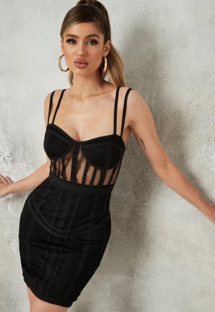 Missguided black mesh bandage corset detail mini dress ~ fitted double shoulder strap bodycon dress with sheer detail - flipped