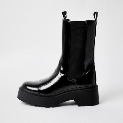 RIVER ISLAND Black patent chunky boots / shiny chelsea boot - flipped
