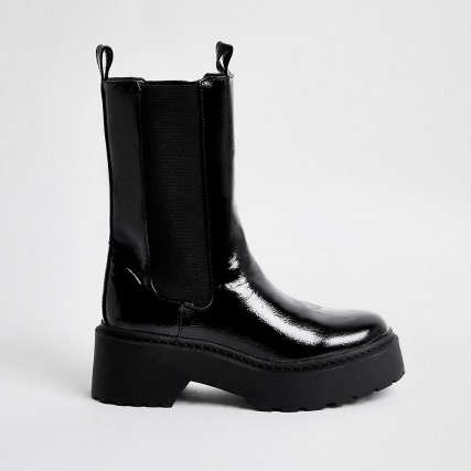 RIVER ISLAND Black patent chunky boots / shiny chelsea boot