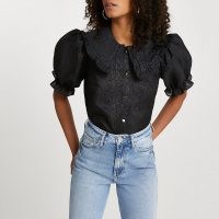 River Island Black short sleeve collar top – ruffled large collar blouses – puff sleeves