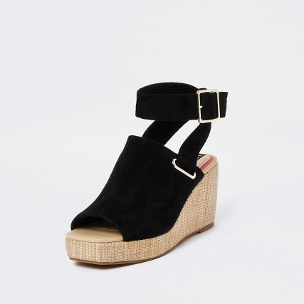 RIVER ISLAND Black wedge shoe boots / ankle strap wedges with peep square toe and buckle detail - flipped