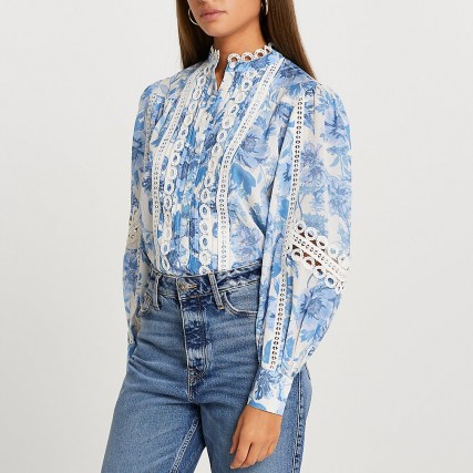 River Island Blue floral lace trim long sleeve blouse ~ romantic style blouses
