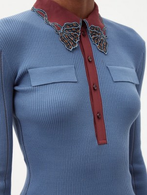 CHLOÉ Floral-appliqué ribbed cotton-jersey sweater / blue collared sweaters - flipped