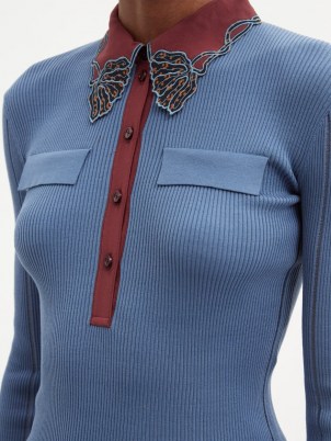 CHLOÉ Floral-appliqué ribbed cotton-jersey sweater / blue collared sweaters