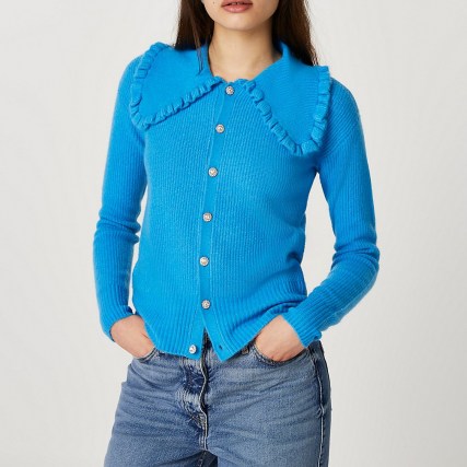 River Island Blue frill collar embellished button cardigan | oversized collars | cardigans - flipped