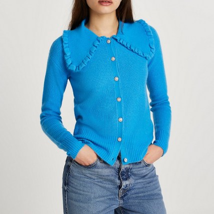 River Island Blue frill collar embellished button cardigan | oversized collars | cardigans
