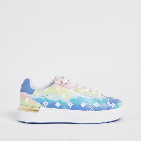 RIVER ISLAND Blue ombre RI monogram lace up trainers - flipped