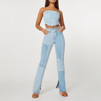 River Island Blue patched high waisted straight jean | patch denim jeans | asymmetric front - flipped