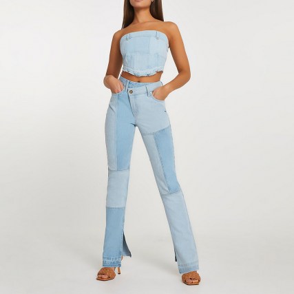 River Island Blue patched high waisted straight jean | patch denim jeans | asymmetric front