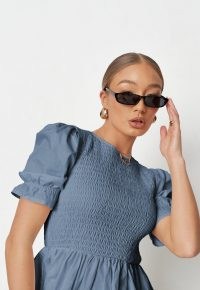Missguided blue shirred bust frill sleeve dress | puff sleeve fit and flare dresses