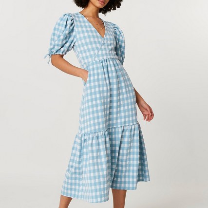 RIVER ISLAND Blue textured gingham wrap midi dress / checked summer dresses - flipped