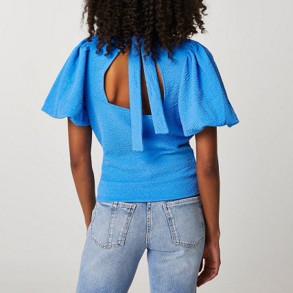 River Island Blue textured high neck tie back top | open back puff sleeve tops - flipped