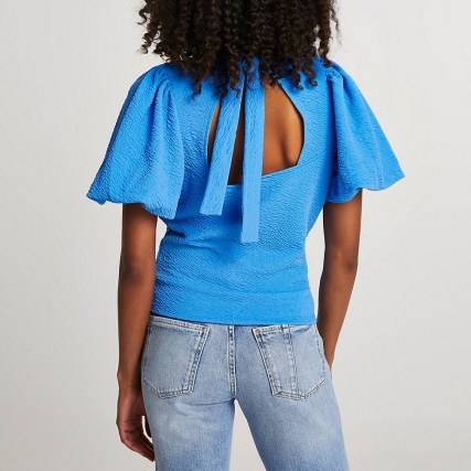 River Island Blue textured high neck tie back top | open back puff sleeve tops