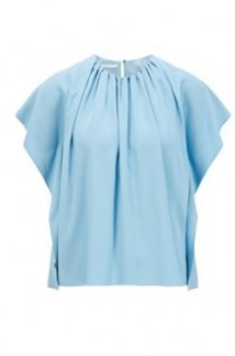 HUGO Ibanisy gathered-neckline top in Italian satin-back crepe – light blue tops with a ruched neckline - flipped