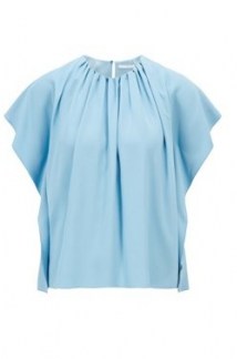 HUGO Ibanisy gathered-neckline top in Italian satin-back crepe – light blue tops with a ruched neckline