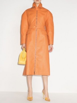 Bottega Veneta belted-waist leather trench coat / orange statement coats - flipped