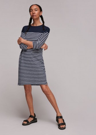 WHISTLES BRETON STRIPE POCKET DRESS / blue striped loose fitting cotton dresses - flipped