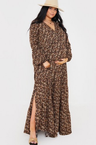 BROOKE VINCENT MATERNITY BROWN FLORAL PUFF SLEEVE TIERED MAXI DRESS ~ pregnancy fashion ~ celebrity inspired dresses - flipped