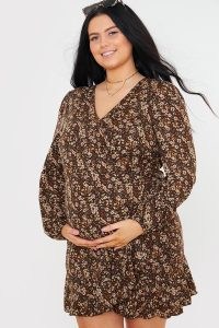 BROOKE VINCENT MATERNITY BROWN FLORAL WRAP BALLOON SLEEVE MINI DRESS ~ celebrity inspired pregnancy dresses