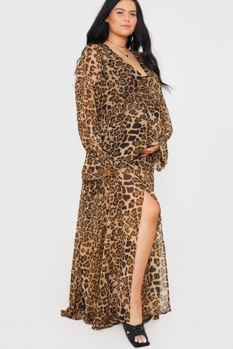 BROOKE VINCENT MATERNITY BROWN LEOPARD RUFFLE WAIST BALLOON SLEEVE MAXI DRESS ~ animal print pregnancy dresses - flipped