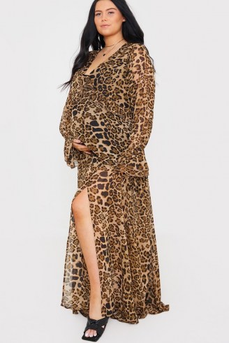 BROOKE VINCENT MATERNITY BROWN LEOPARD RUFFLE WAIST BALLOON SLEEVE MAXI DRESS ~ animal print pregnancy dresses