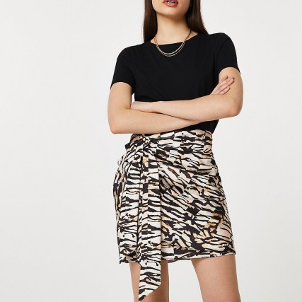 RIVER ISLAND Brown animal print knotted wrap skirt ~ tie detail skirts - flipped