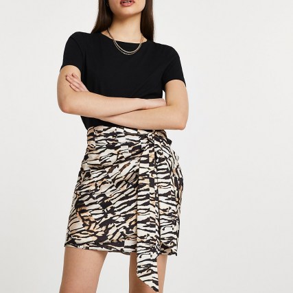 RIVER ISLAND Brown animal print knotted wrap skirt ~ tie detail skirts