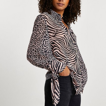 River Island Brown animal print tie shirt – mixed prints – women’s shirts with ties at the cuff
