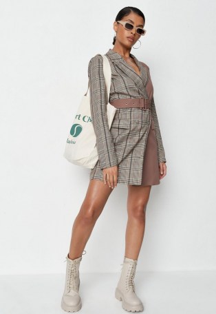MISSGUIDED brown check two tone belted blazer dress ~ checked jacket dresses with belts