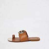 RIVER ISLAND Brown embellished open toe sandal ~,summer flats
