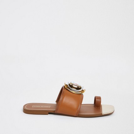 RIVER ISLAND Brown embellished open toe sandal ~,summer flats - flipped