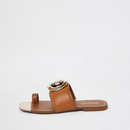 RIVER ISLAND Brown embellished open toe sandal ~,summer flats