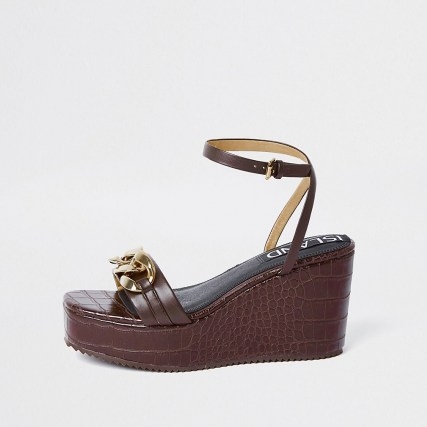RIVER ISLAND Brown gold chain detail wedge heels / ankle strap animal effect wedges - flipped