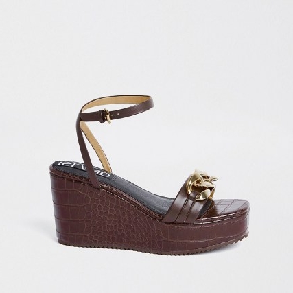 RIVER ISLAND Brown gold chain detail wedge heels / ankle strap animal effect wedges
