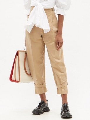 ALEXANDER MCQUEEN Buckled tailored cotton trousers ~ camel crop leg pants with tie cuffs - flipped