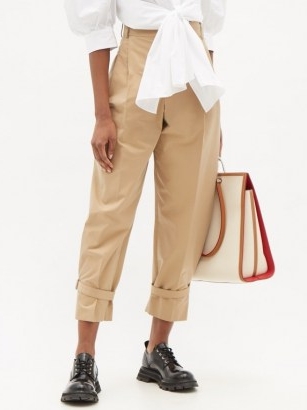 ALEXANDER MCQUEEN Buckled tailored cotton trousers ~ camel crop leg pants with tie cuffs