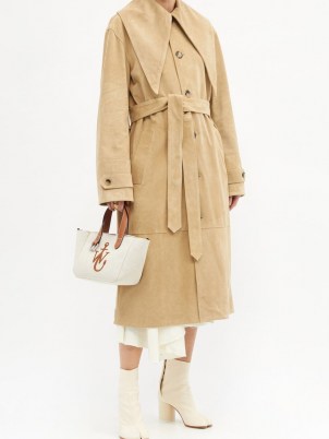 JW ANDERSON Beige exaggerated-collar suede trench coat / luxe tie waist coats - flipped
