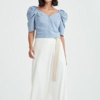 PAISIE Cannes Sweetheart Puff Sleeve Blouse In Light Blue